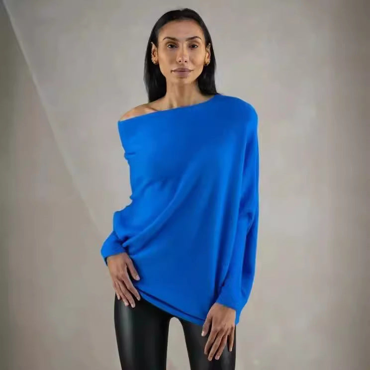 Solid Off-shoulder Batwing Sleeve Sweater Fashion Round Neck