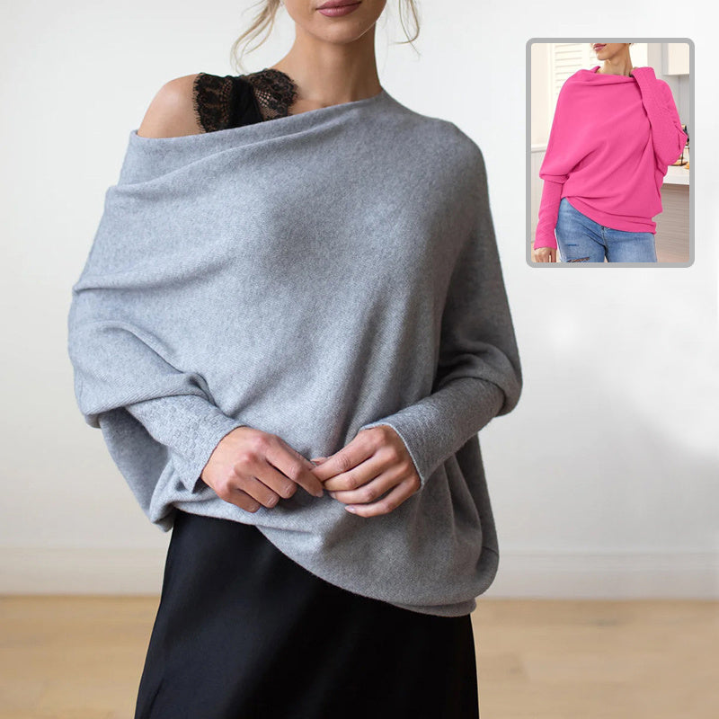 Solid Off-shoulder Batwing Sleeve Sweater Fashion Round Neck