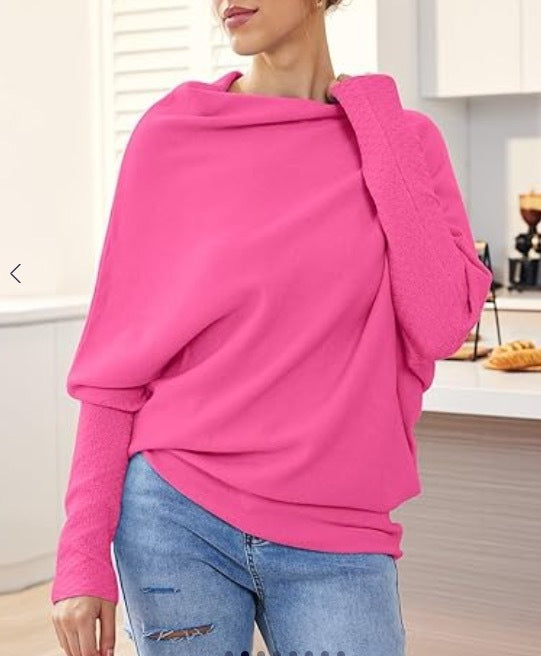 Solid Off-shoulder Batwing Sleeve Sweater Fashion Round Neck