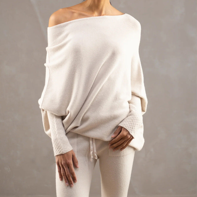 Solid Off-shoulder Batwing Sleeve Sweater Fashion Round Neck