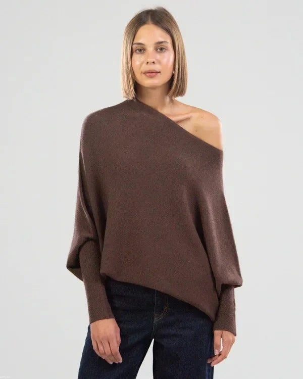 Solid Off-shoulder Batwing Sleeve Sweater Fashion Round Neck