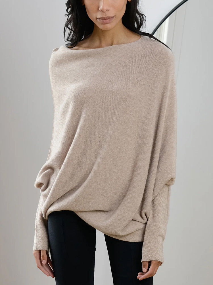 Solid Off-shoulder Batwing Sleeve Sweater Fashion Round Neck