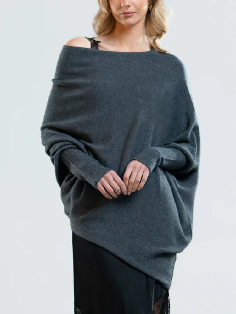 Solid Off-shoulder Batwing Sleeve Sweater Fashion Round Neck