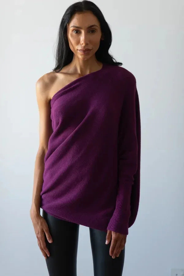 Solid Off-shoulder Batwing Sleeve Sweater Fashion Round Neck