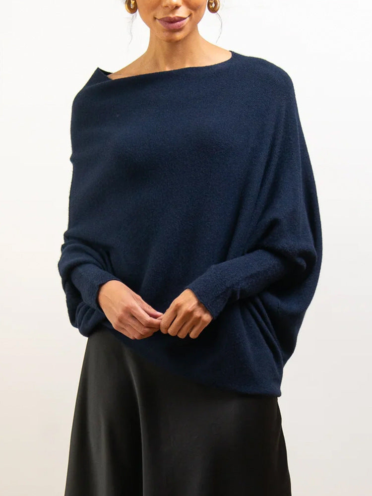 Solid Off-shoulder Batwing Sleeve Sweater Fashion Round Neck